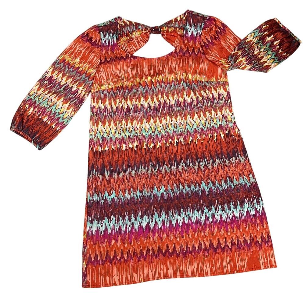 NEW SIZE MED Lily Rose Chevron Print Women Dress 3/4 Sleeves Rust Orange - Picture 2 of 11
